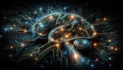 Obraz premium Abstract Digital Brain with Neural Network Structure - Deep Learning and Data Transmission Concept, Futuristic AI Design, No People, Electric Currents Illustration