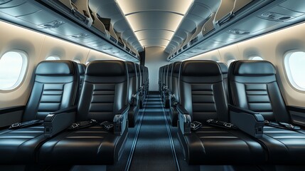 Empty, luxurious airplane cabin with black leather seats.