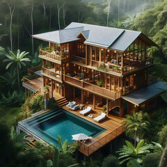 Fototapeta premium Two-storey wooden house in the middle of a deep forest