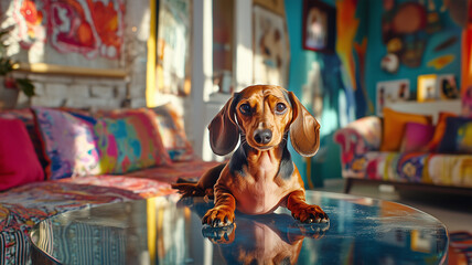 Obraz premium ガラステーブルのダックスフンド