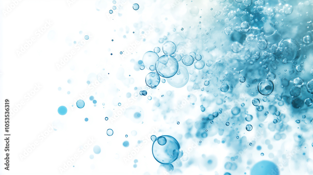 Poster bubbles float gracefully underwater, creating serene and calming atmosphere with their soft blue hue