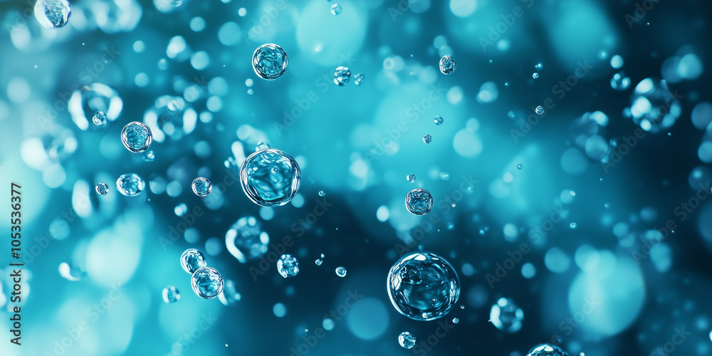 Poster Bubbles float gracefully in serene underwater scene, creating sense of relaxation and tranquility. blue hues enhance calming atmosphere, evoking peaceful underwater world