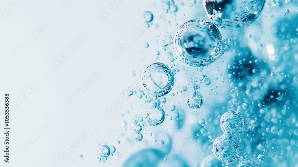 Poster Bubbles float up under water, creating sense of relaxation and tranquility. blue hue enhances calming effect, evoking peaceful underwater atmosphere