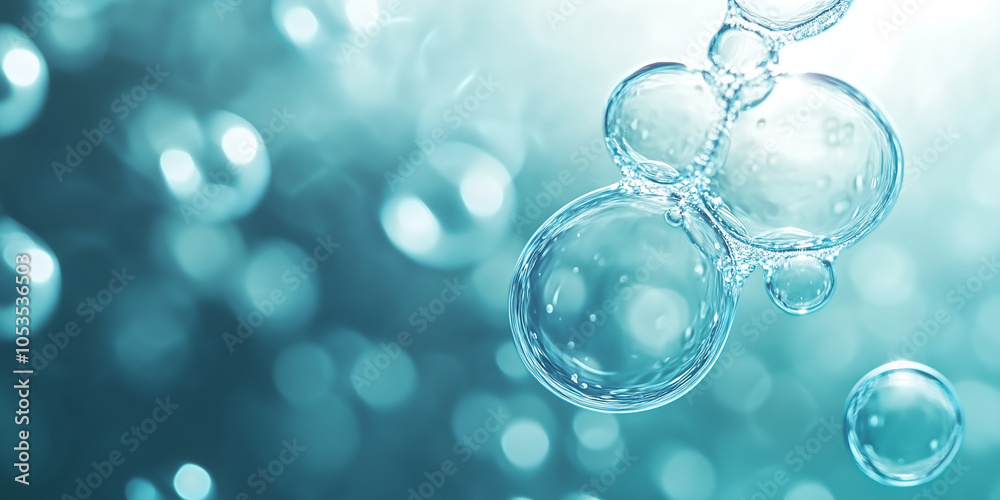 Poster Bubbles float gracefully underwater, creating serene and calming atmosphere with bluish hue. image captures essence of relaxation and tranquility