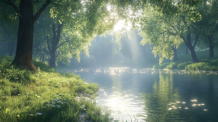 Fototapeta premium serene riverbank with sunlight filtering through lush trees creates peaceful atmosphere