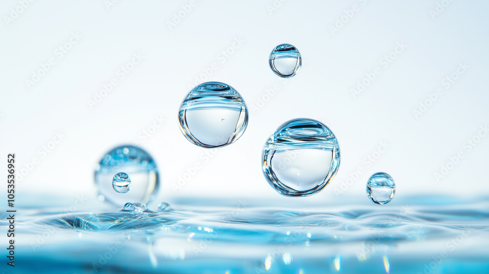 Poster clear water bubbles float gracefully against serene blue background, creating sense of tranquility a
