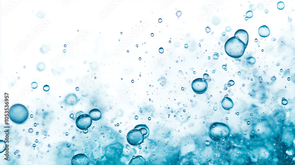 Poster Bubbles float up through clear water, creating dynamic and refreshing scene. blue hues and splashes evoke sense of tranquility and movement