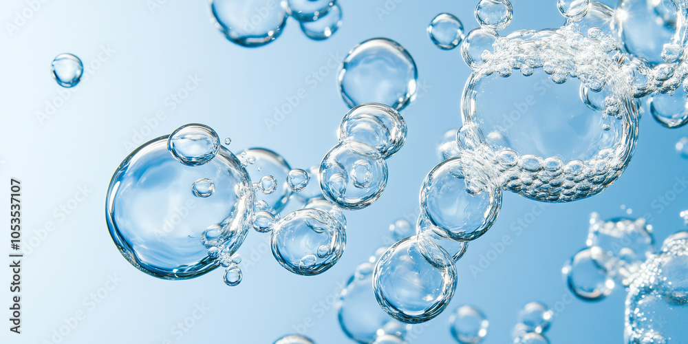 Poster clear air bubbles float up under water, creating serene and calming atmosphere against soft blue bac