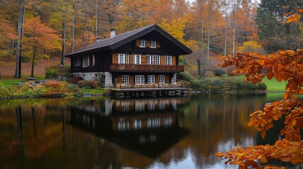 Fototapeta premium Swiss chalet with a wooden balcony. A serene pond surrounded by colorful autumn foliage.