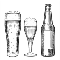 Hand drawn bottle and glasses of beer. Vector illustration