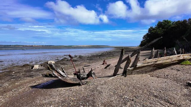 Ireland Epic Locations Wexford Saltmills Bannow Bay bare bones of shipwrecked boat on Bannow Beach on a summer morning