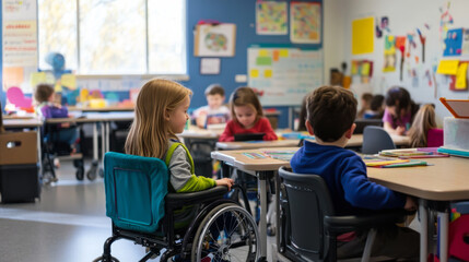 Children engaged in creative activities in a classroom designed for accessibility, empowering young learners with diverse needs