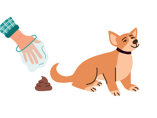 Clean up after your pet. Hygienic bag for dog waste with poop. Hand cleaning up dog poop