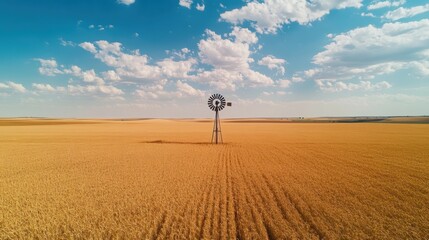 Windmill Amidst Expansive Wheat Field, a solitary windmill rises above a vast golden landscape, symbolizing rural tranquility and agricultural heritage