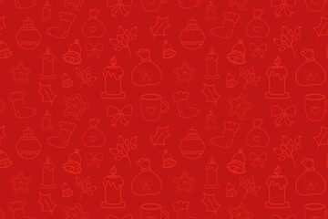 Red Christmas Pattern with Festive Line Art Xmas Icons. Monochrome Christmas seamless pattern with hand draw holiday ornaments for wrapping paper, ads, packaging