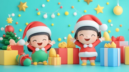 Fototapeta premium 3D-rendered children in Santa costumes, playing in a colorful room filled with Christmas presents and decorations.