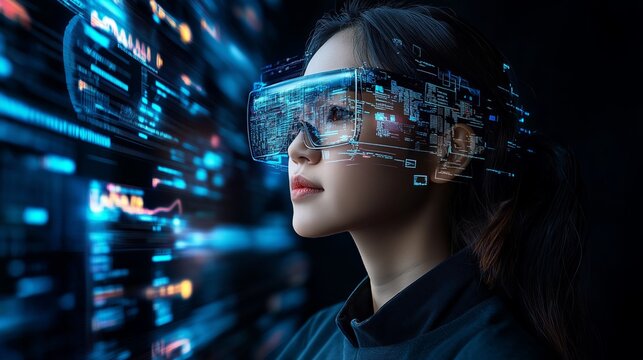 Young woman using augmented reality headset with digital data overlay, exploring future technology and immersive experience. Innovation, virtual interaction, and advanced tech in digital world for AI 