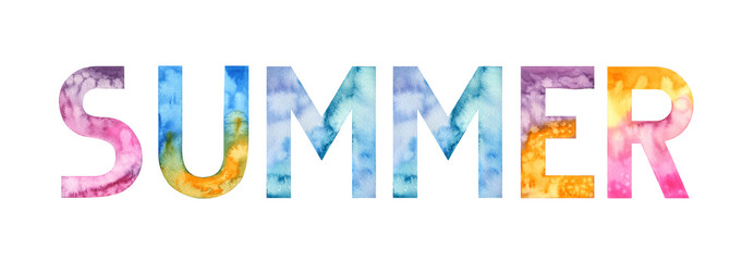 Watercolor hand drawn lettering isolated background. Handwritten message. Months Year Season Summer colorful text. For print, cards, banner or poster, invitation, congratulations, glider.