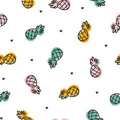 Seamless pattern with colorful pineapples with black outline and hearts