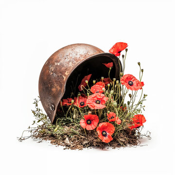 un casque de soldat de la premi&egrave;re guerre mondiale avec des fleurs de coquelicots qui poussent &agrave; l'int&eacute;rieur - fond blanc	
