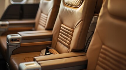 Fototapeta premium Comfortable, modern airplane seats upholstered in brown leather are waiting for passengers to board the aircraft for their flight