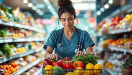 Female nurse, shopping for fresh produce in grocery store for healthy diet, nutrition and wellness. Woman in scrubs, fruits and vegetables for balanced lifestyle, health-conscious choices and selfcare