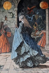 Naklejka premium A mystical gathering of elegantly dressed figures in a fantastical setting, showcasing a blend of art and enchantment during a twilight gathering