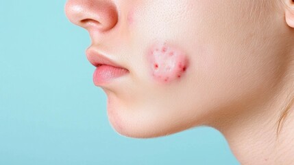 Obraz premium Close-up of a young adult's face with an acne blemish on a blue background.