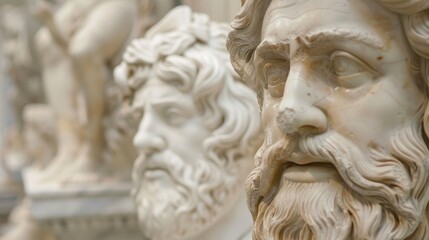 Two ancient roman marble statues are showing the sculpted faces of stoic philosophers, possibly socrates and plato, in a museum