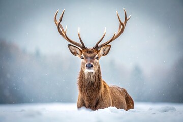 Wildlife photography of a symmetrical red deer in the snow focused shot