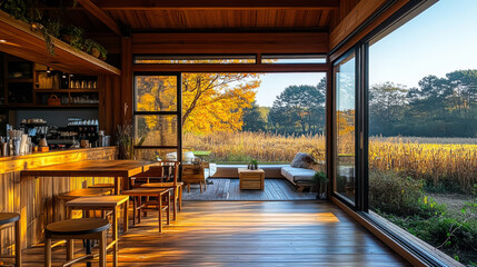 Fototapeta premium Cozy caf? interior with wooden furnishings overlooking a serene outdoor field during autumn afternoon