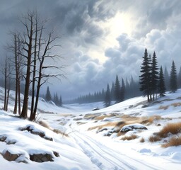 Fototapeta premium Illustration of winter landscape with snowy storm.