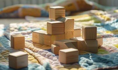 Wooden toy blocks on the play mat, 4K hyperrealistic photo
