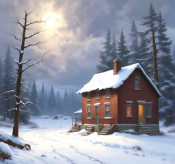 Illustration of winter landscape with snowy storm.
