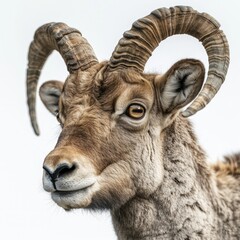 Fototapeta premium Close up portrait of a brown and white wild goat with large curled horns.