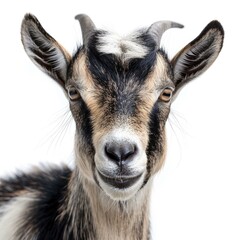 Obraz premium Close up of a brown and black goat with a white patch on its head.