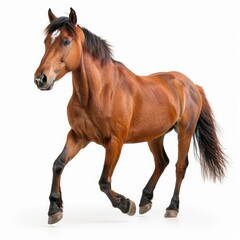 Obraz premium A brown horse with a white star on its forehead runs across a white background.