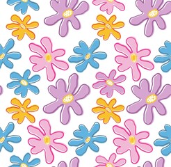 Obraz premium cute seamless pattern, hand drawn background with wild meadow flowers. Doodle naive , positive dopamine trendy style, abstraction design. for print, textile, children, paper. art illustration