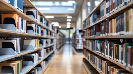A perspective view of a library aisle with bookshelves on both sides, leading to a blurred out doorway.