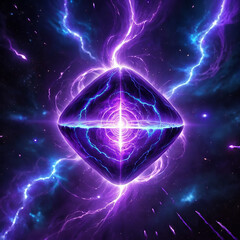 A luminous purple crystal, shaped like a diamond, emits powerful energy streaks, illuminating the surrounding cosmic void. The streaks resemble lightning, with a swirling vortex emanating from the cry