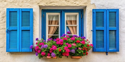 Window with blue shutters and window box of flowers in an asymmetrical arrangement