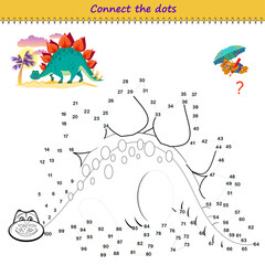 Connect the dots from 1 to 100 and draw the stegosaurus. Trace the line between numbers. Coloring book for kids. Develop counting skills. Logic puzzle game for children. Educational page. Vector image