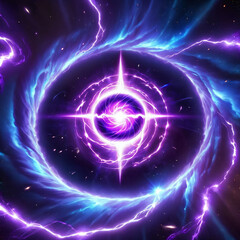 Obraz premium A vibrant cosmic scene with a swirling purple and blue nebula around a central glowing sphere, emitting bright energy beams. The scene suggests a stars death and the rebirth of a new energy source.