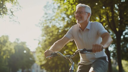 A man is riding a bicycle in a park
