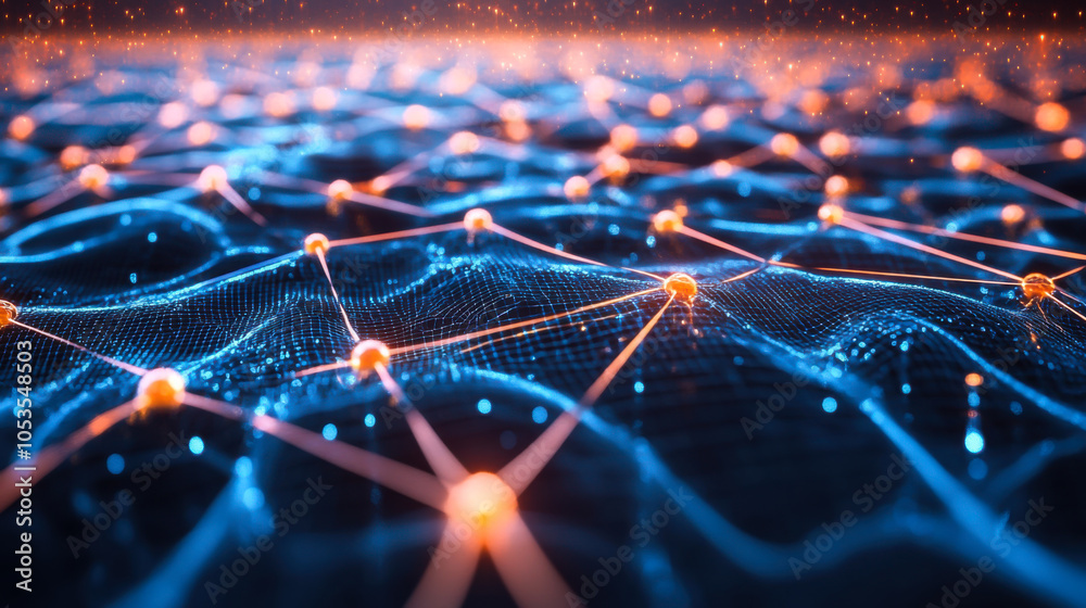 Poster intricate network of glowing nodes and lines representing a digital data flow in a futuristic landsc