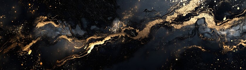 Abstract Swirls of Black and Gold Paint with Scattered Glitter