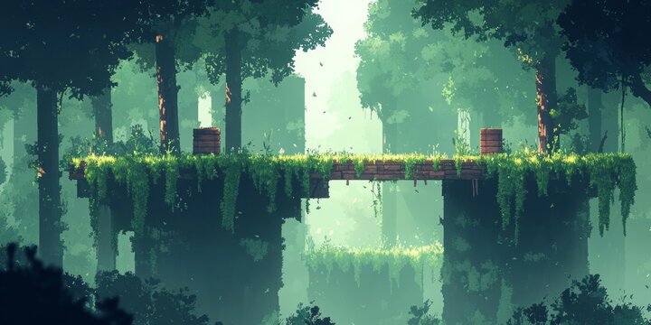 Enchanted Forest Adventure, vibrant 2D platformer level featuring lush greenery, towering trees, and intricate wooden structures for exploration.