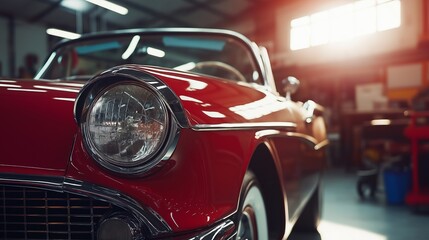 Close-up of a classic red car's headlight and fender.