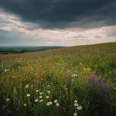 Obraz premium Meadow with Colorful Wildflowers Under a Cloudy Sky in Bloom