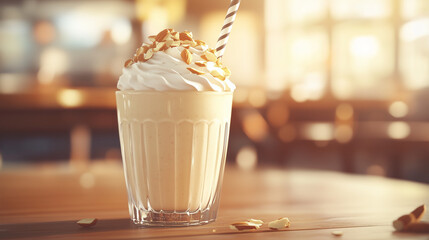 Almond Milkshake with Whipped Cream and Caramel in Glass